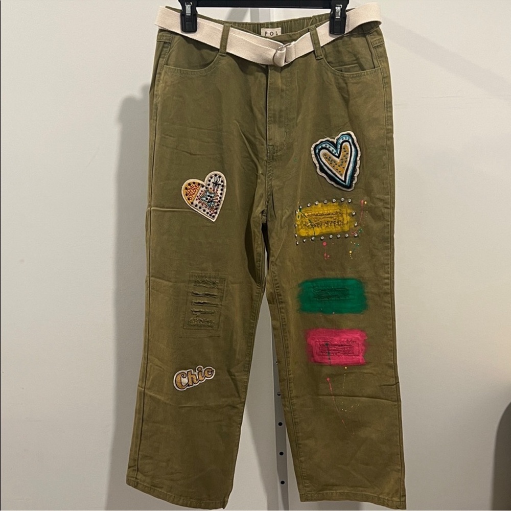 Pol Stylish Olive Green Pants with Colorful Patches